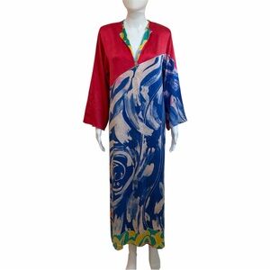 1980s Abstract Long Sleeve Maxi Silk Dress By Oscar de la Renta